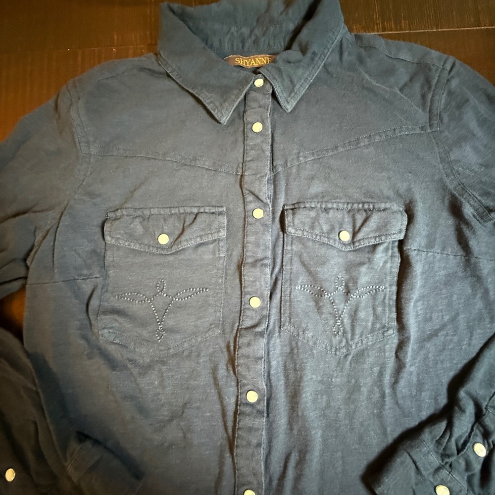 Shyanne Womens Western Pearl Snap Shirt Navy Cotton Long Sleeve Embroidered L - Picture 5 of 11